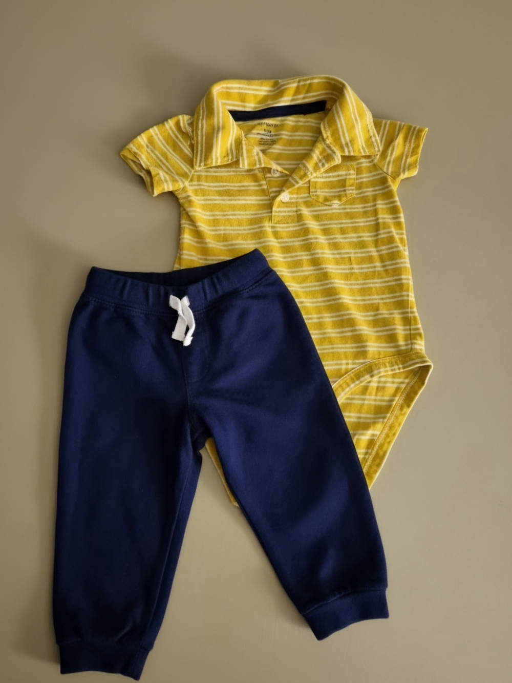 Carter's Yellow Striped Polo Onesie With Navy Blue Joggers Set  Size 9 Months